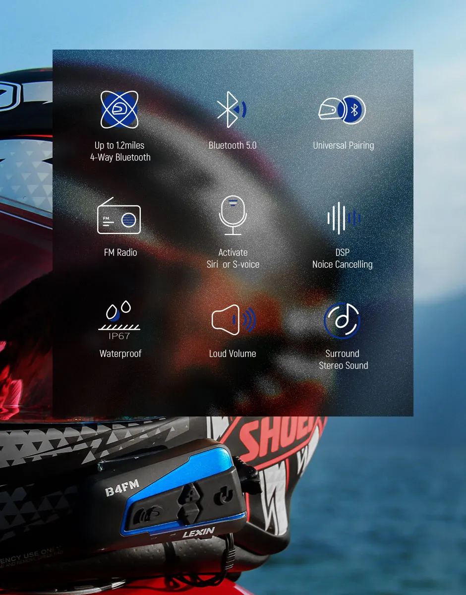 Lexin 2шт. B4FM BT Мотогарнитура для Мотошлема Bluetooth Интерком 4 Гонщика FM Радио