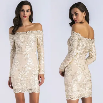 

Off the Shoulder Embroidered Cocktail Party Dress Short