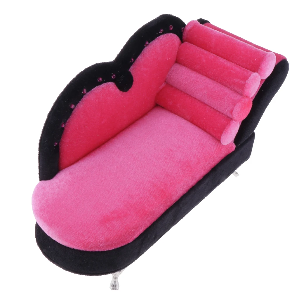 1/6 Scale Fashion Dolls House Miniature Chaise Lounge Recliner Long Sofa Furniture Model Decor Pink+Black