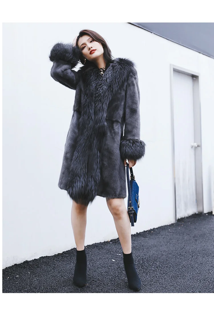 new mink coat Girls long section of the entire large fox fur collar coat 1008