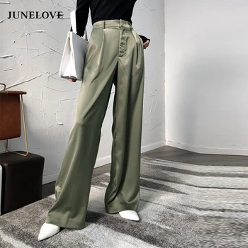 

Luck A Satin High Waist Wide Leg Pants Loose Women Pants Summer Girls Long Stretch Straight Pants Trouser Casual 2020 Bottoms