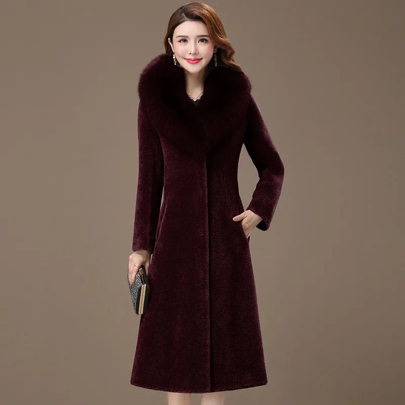 purple AYUNSUE овечья шерсть пальто из натурального меха, зимняя куртка Для женщин лисий меховой воротник Шерстяное пальто Для женщин Длинные куртки плюс размер пальто Femme мой - Цвет: purple