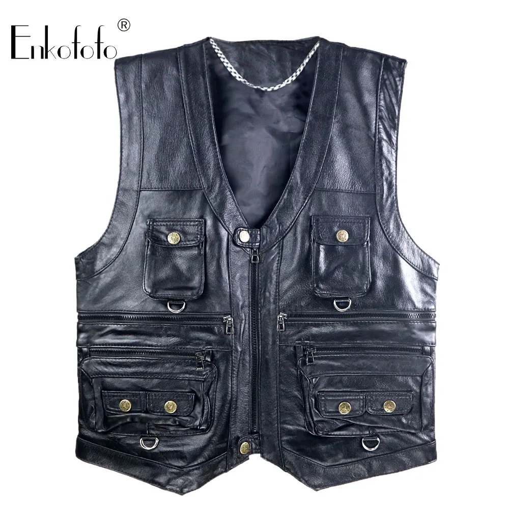 

Multi Pocket Vest Men Black Photography Vests Genuine Leather Motorcycle Biker Waistcoat Autumn Winter Sleeveless Jacket for Men