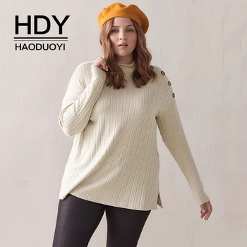 

HDY Haoduoyi 2019 New Autumn Solid Vertical Collar Wide Striped Knitted Single Side Button Long Sleeved Large Size Sweater