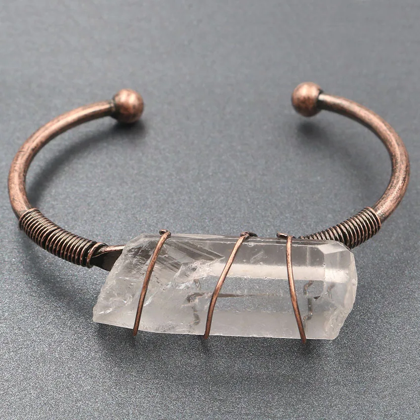 Wire wrap необработанный минеральный кристалл камень Браслеты Натуральный Камень прозрачный кварц браслеты открытые манжеты медные браслеты женские ювелирные изделия