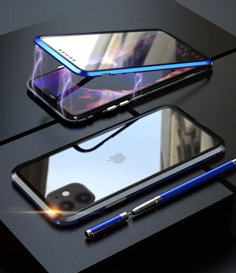 Для iphone 11 Pro Max Магнитный чехол 360 Передний+ задний двухсторонний 9H закаленное стекло чехол для iphone 11 металлический бампер чехол - Цвет: BLUE-BLACK