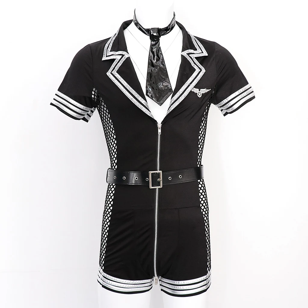 4 pcs Festival Party Mens Airline Pilot Officer Suit Costumes Halloween Role Play Short Sleeve Bodysuit Hat Tie and Belt