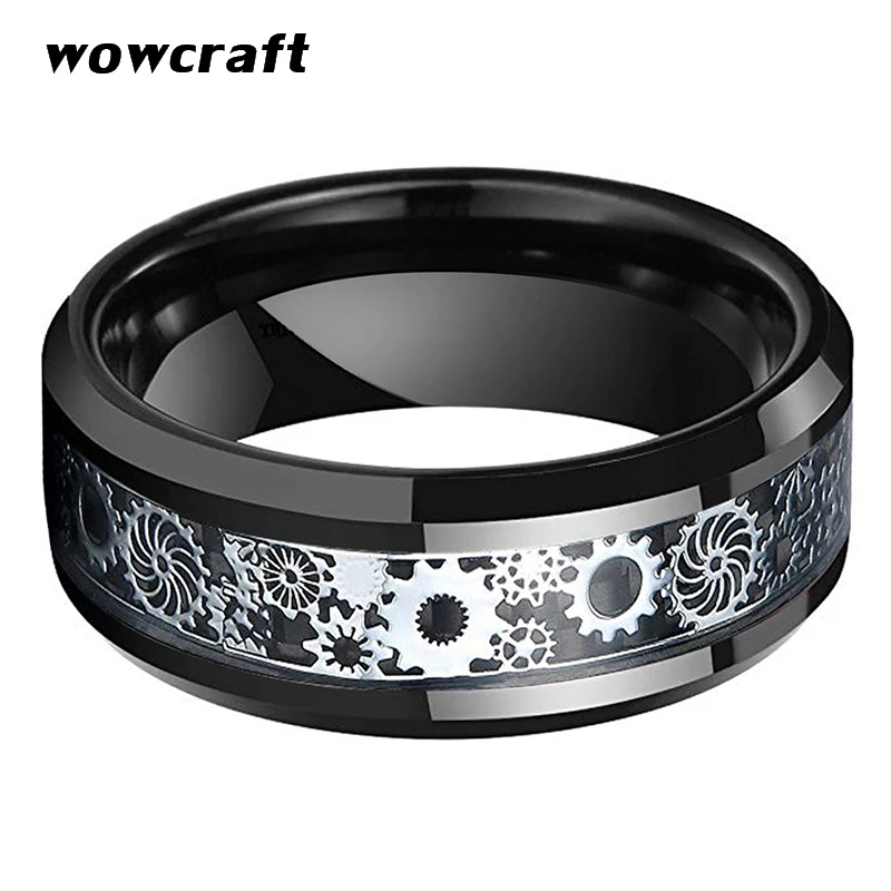 Ceny 8mm czarny obrączka pierścienie węglikowe wolframu dla mężczyzn kobiety z włókna węglowego Gears wkładka polerowane błyszczące skośne krawędzie Comfrot Fit