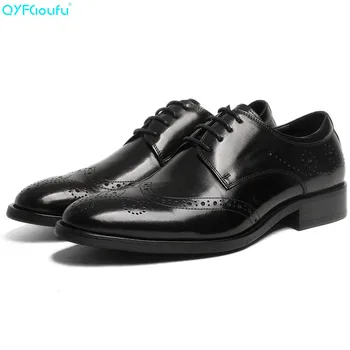 

QYFCIOUFU Luxury Classic Mens Brogue Oxfords Dress Shoes Genuine Cow Leather Pointed Toe Lace Up Male Formal Footwear Party Shoe