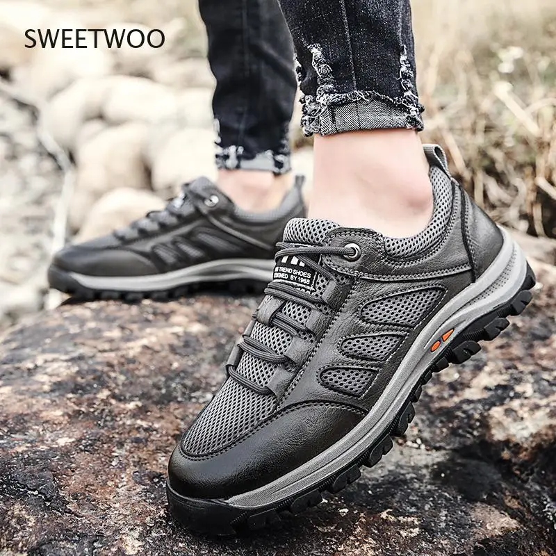 Big size 38-48 Hiking Shoes for Men Outdoor Sports Camping Shoe Tactical Sneakers Mesh Genuine Leather Breathable Non-slip