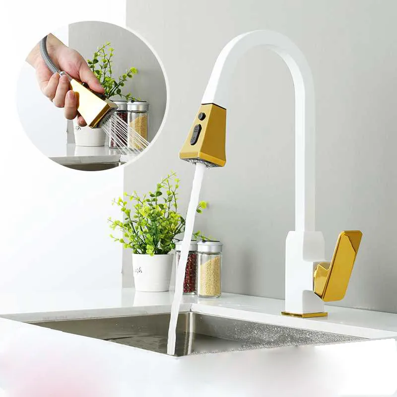 Kitchen Sink Faucets Brass Pull Out Spray Nozzle Mixer Tap Single Handle Hot & Cold Rotating Water Crane Tap Gold/Chrome/Black