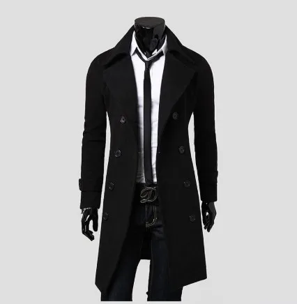 Длинный тонкий мужской шерстяной плащ двубортная ветровка с лацканами Мужская мода осень зима пальто длинный дизайн Тренч мужской SA-8 - Цвет: Black