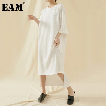 

[EAM] Women Multicolor Back Long Big Size T-shirt New Round Neck Three-quarter Sleeve Fashion Tide Spring Summer 2020 1T599