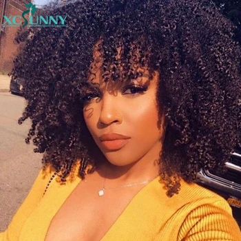 

Afro Kinky Curly Wig Human Hair Wigs With Bangs 200 Density Remy Brazilian Full Machine Made Scalp Top Wig For Women xcsunny