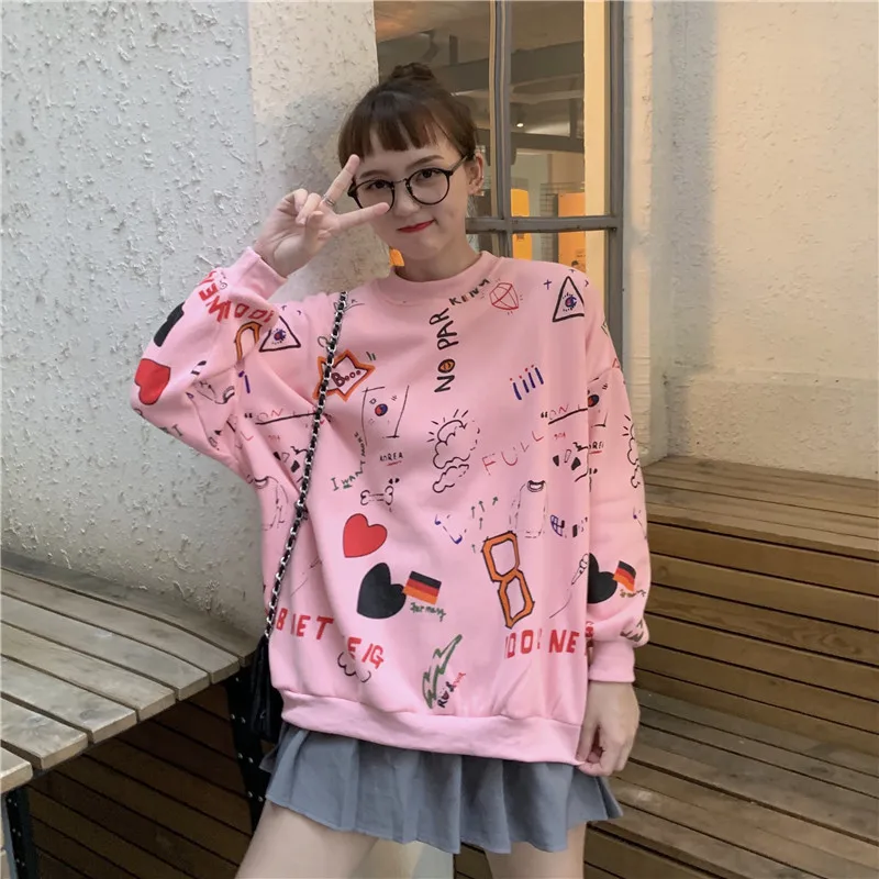 Lychee Harajuku повседневные осенние дамские свитшоты Топ свободный вырез лодочкой Женские флисовые пуловеры Топы граффити Женская флисовая толстовка