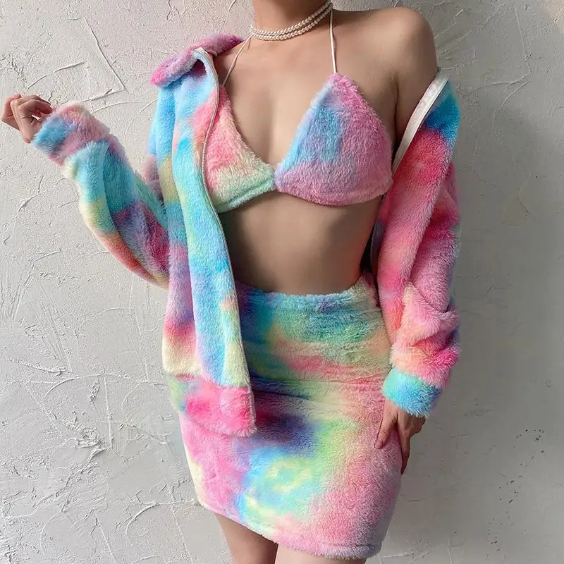 

Faux Fur Sexy Tie Dye Woolen Two Piece Set Women Crop Top And Skirt Set Winter Fashion Ladies Tracksuits Christmas Clothes