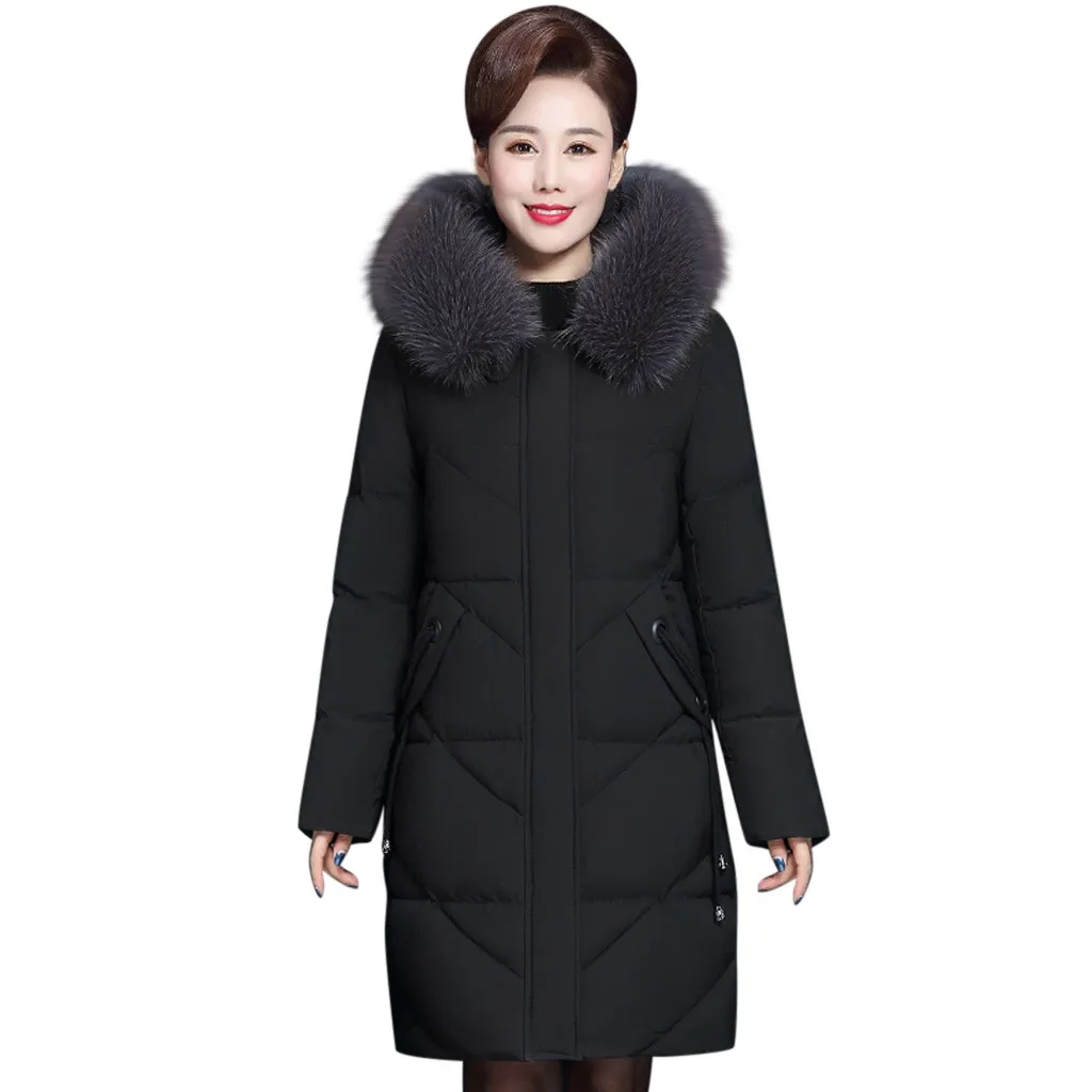 Зимнее пальто средней длины с меховым капюшоном для женщин среднего возраста, Модные свободные уплотненные хлопковые куртки, пальто для женщин, теплые корейские парки больших размеров - Цвет: black
