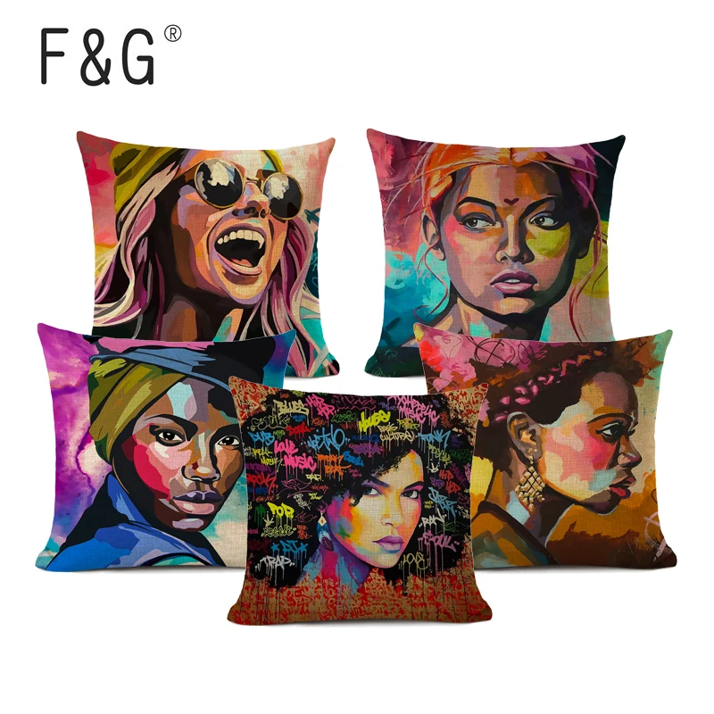 

African American Art Decorative Pillowcase Contemporary African Women Cushion Cover 45X45CM Linen Pillows Cover for Home Decor