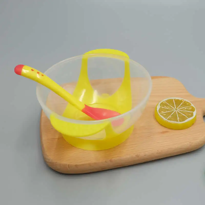 yellow bowl spoon Детская чаша ложка с датчиком температуры Крышка Посуда для малышей Нескользящие высококачественные тренировочные материалы посуда для малышей - Цвет: yellow bowl spoon