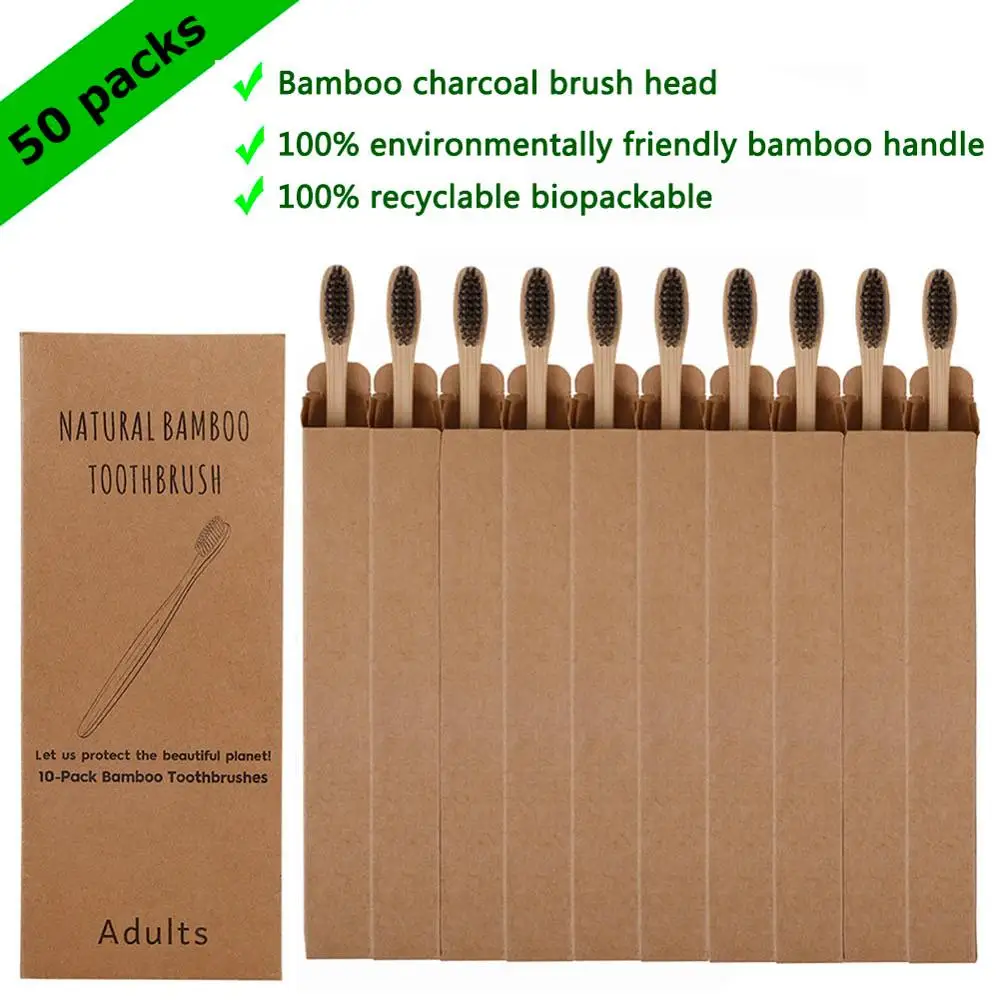 

50PCS Black Natural Bamboo Toothbrush Set Soft Bristle Charcoal Teeth Whitening Bamboo Toothbrushes Soft Dental Oral Care