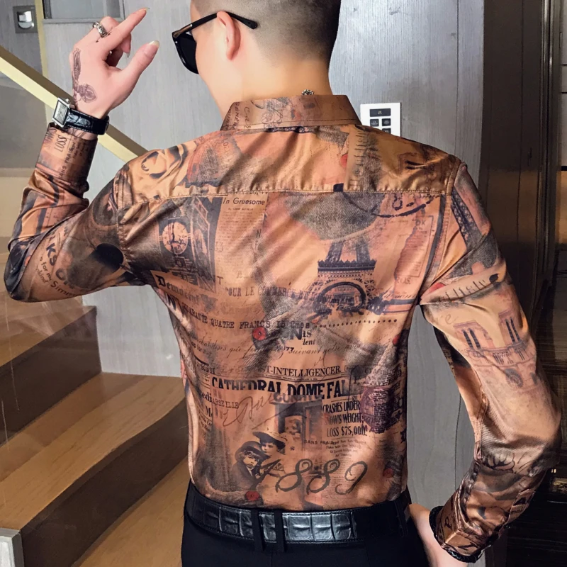 Корейская осень 2019, вечерние клубная рубашка для мужчин, DJ Singer Camisa Homem Prom, роскошная рубашка с принтом, мужская рубашка с длинными рукавами
