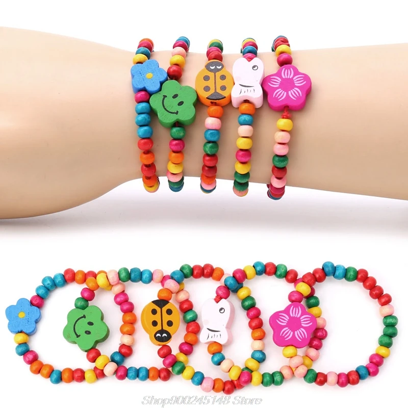 5 pulseras de cuentas elásticas de madera encantadoras para niños, regalo de joyería para fiesta de cumpleaños