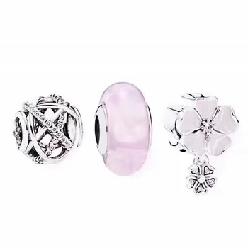 

100% 925 Sterling Silver Natural Flower Daisy Glass Beads Charm Set Retro Charming Gift Free Shipping