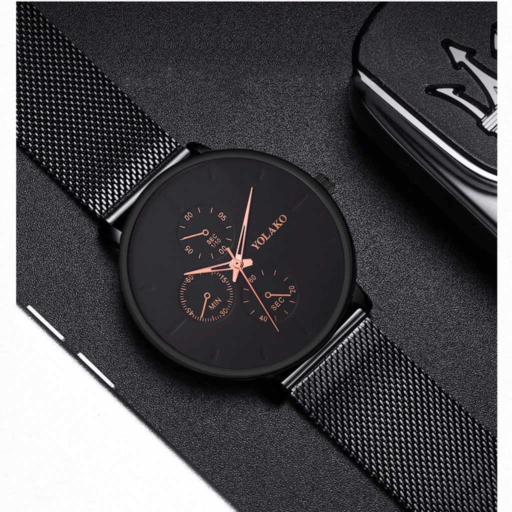 Бренд YOLAKO, мужские черные часы с сетчатым ремешком из нержавеющей стали, деловые часы, роскошные мужские спортивные часы, подарок, кварцевые часы, Relogio Masculino