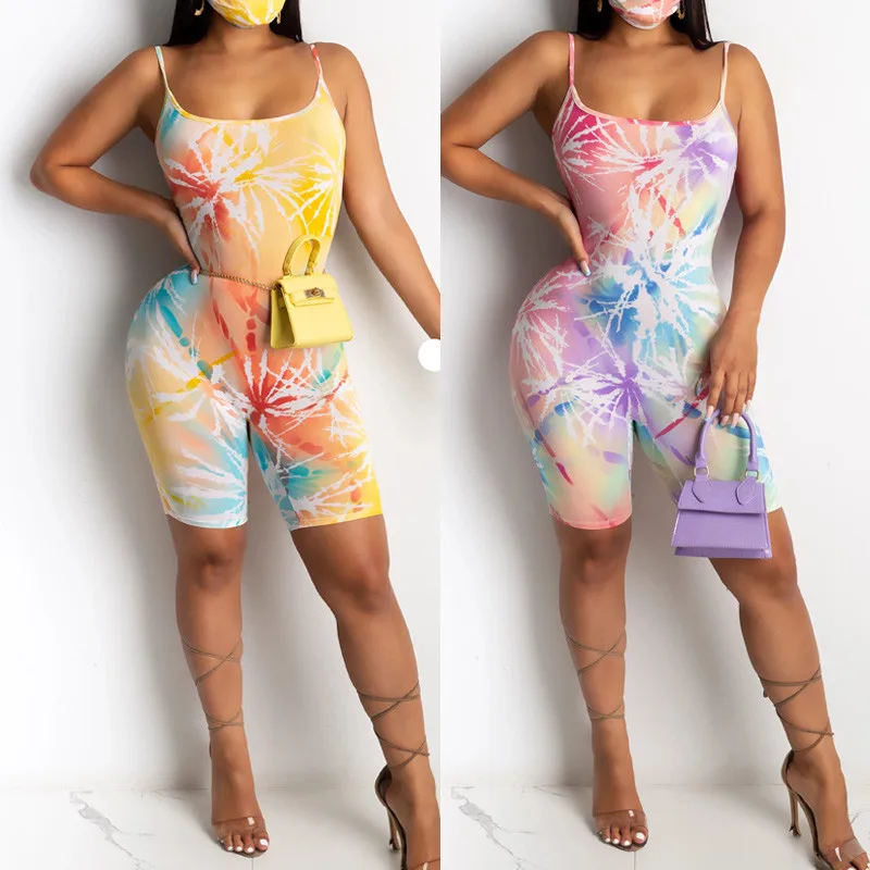 

AA Backless Criss-cross Bodycon Jumpsuit Sexy Women Bodysuit Shorts Romper Tie Dyeing Print Leotard Sleeveless Strap Bodysuit