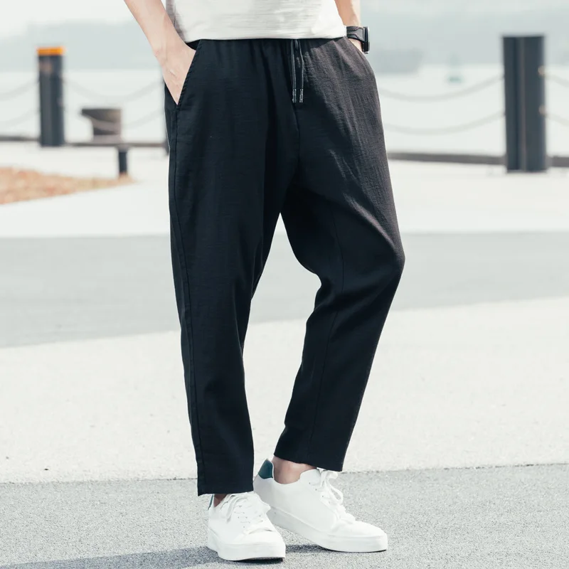 Men's Ankle Length Pants Straight Loose Large size Breathable  Summer Sportswear Comfortable Men Thin Section Black Trousers