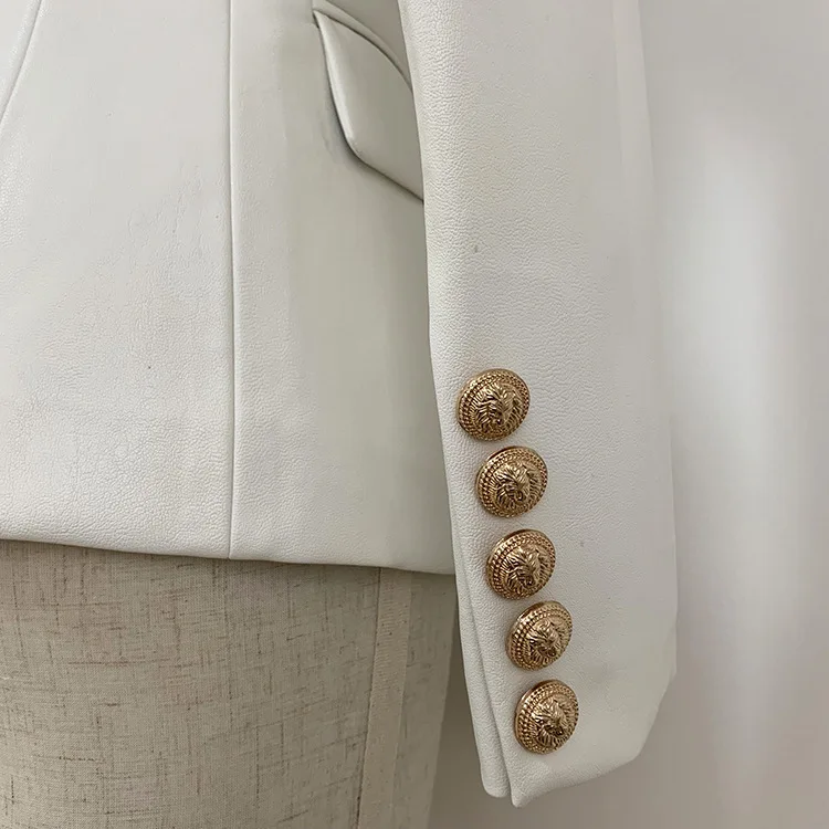 PEONFLY Autumn Leather Jacket Women Casual Long Sleeve Button Slim Blazer Fashion PU Leather White Coat Blazer Feminino