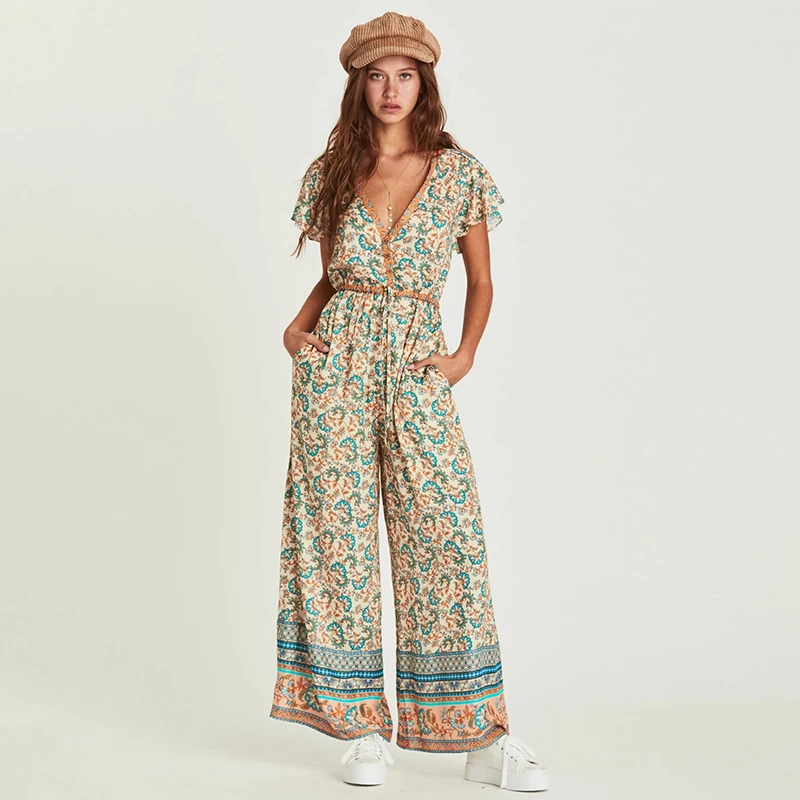 Jastie, свободные широкие штаны, комбинезоны, женский комбинезон, летний, Boho, пляжный костюм, винтажный, цветочный принт, комбинезоны, женские комбинезоны