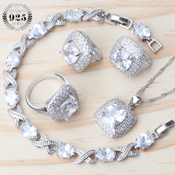 

White Zirconia Women Silver 925 Jewelry Sets Earrings With Stone Pendant Necklace Rings Bracelet For Wedding Set Gifts Box