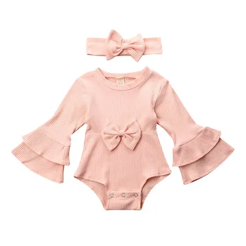 

0-24M Newborn Baby Girl Bodysuits Winter Knitted Clothes Set Ruffles Flare Sleeve Solid Jumpsuits Headband Outfits