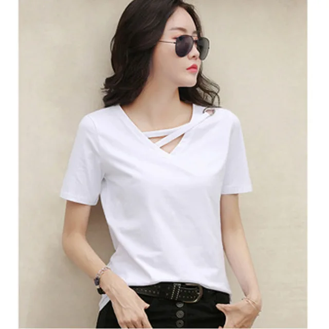 New summer short sleeve women white t-shirt women V-neck loose Korean black top casual compassionate trend t shirt women 3