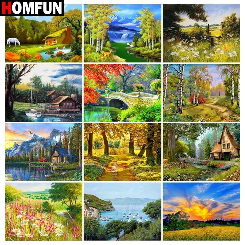 Homfun Diamante Pittura Diamante Pieno Quadrato/Rotondo "Mountain Tree Flower" Motivo Ricamo Punto Croce Pittura Strass 5D