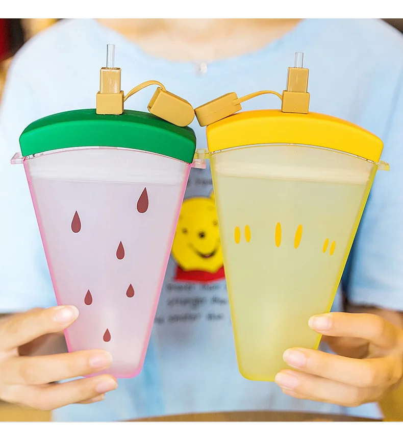 350ml Creative Fruit Ice Cream Plastic Straw Cup with Lid Personality Cup Outdoor Sports Portable Cup with Strap Water Bottle