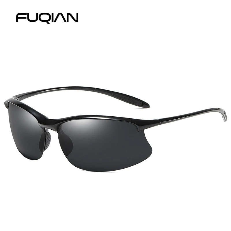 FUQIAN брендовые новые спортивные поляризационные солнцезащитные очки, мужские винтажные очки Reimless TR90 светильник, очки для вождения UV400 - Цвет линз: BRIGHT BLACK
