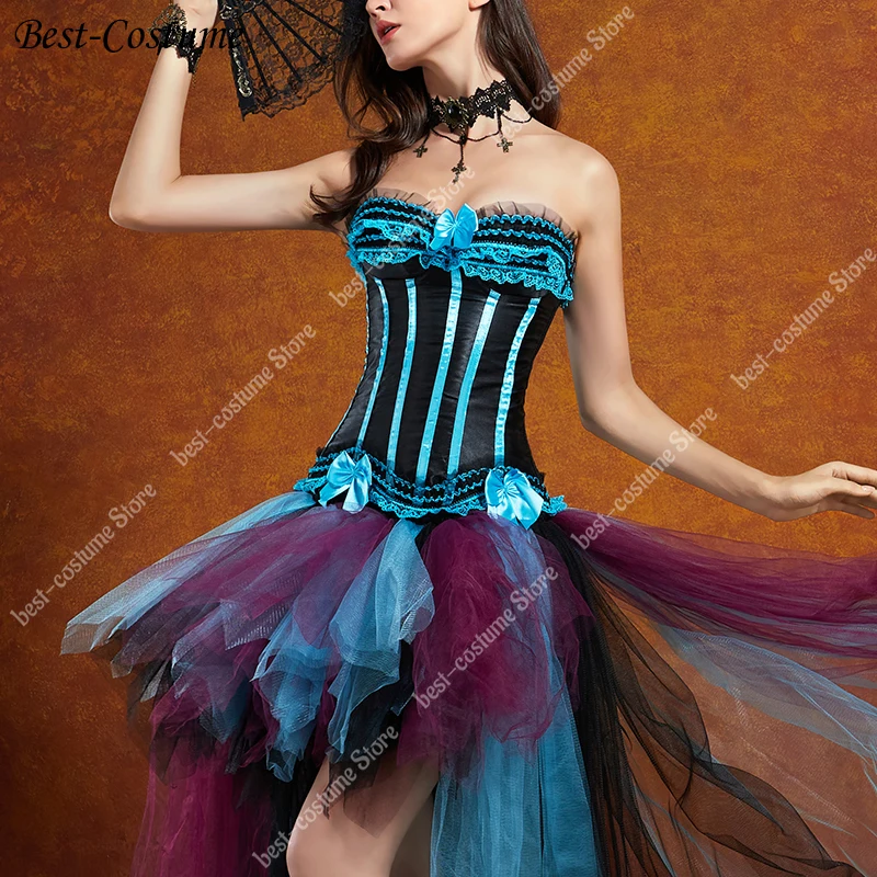 Victorian Corset Dress for Women Blue Burlesque Showgirl Costume Fashion Dancer Dress Colorful Sexy Lace Bustier Corset