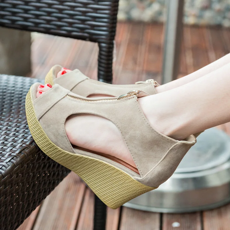 

Europe And America Korean-style 2017 High-Heel Zipper WOMEN'S Sandals Slanted Heel Platform Shoes Thick Bottomed Waterproof Plat