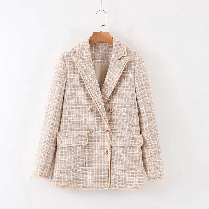 2019 Модный женский шикарный двубортный розовый клетчатый милый костюм с
