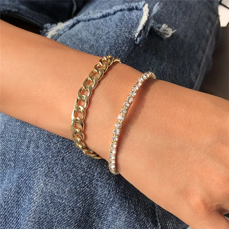 

Vintage Punk Zircon Geometric Bracelets Sets For Women Fashion Boho Thick Chain Rhinestone Bracelet Cuban Miami Bangles Jewelry