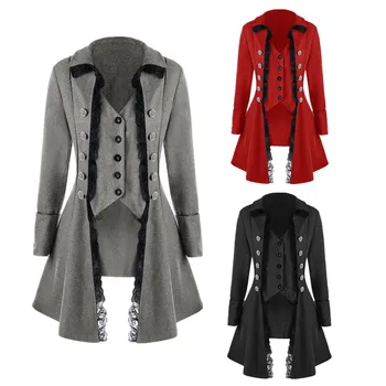 

Women Gothic Lapel Jacket Victorian Punk Lace Decoration Button Coat Retro Medieval Long Sleeve Tailcoat costume Anime
