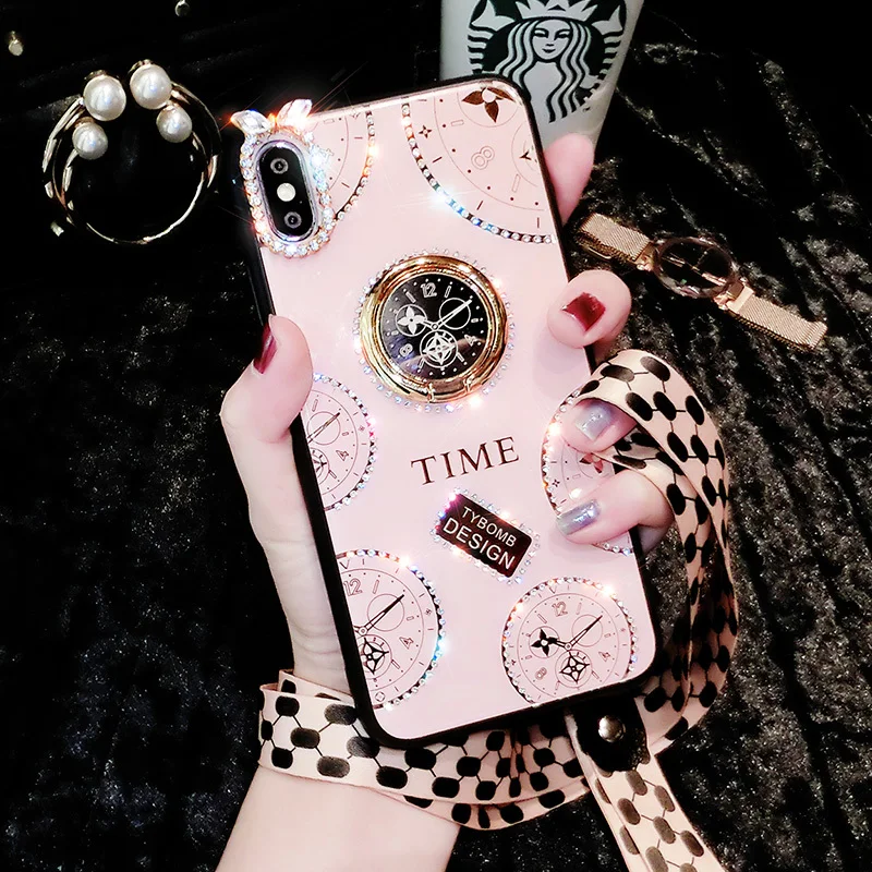 Luxury Glitter Diamond Lanyard Case For iPhone 13 12 11 Pro X XR XS MAX Samsung S21 S20 Plus Fe Note 20 Ultra Ring Bracket Cover | Мобильные