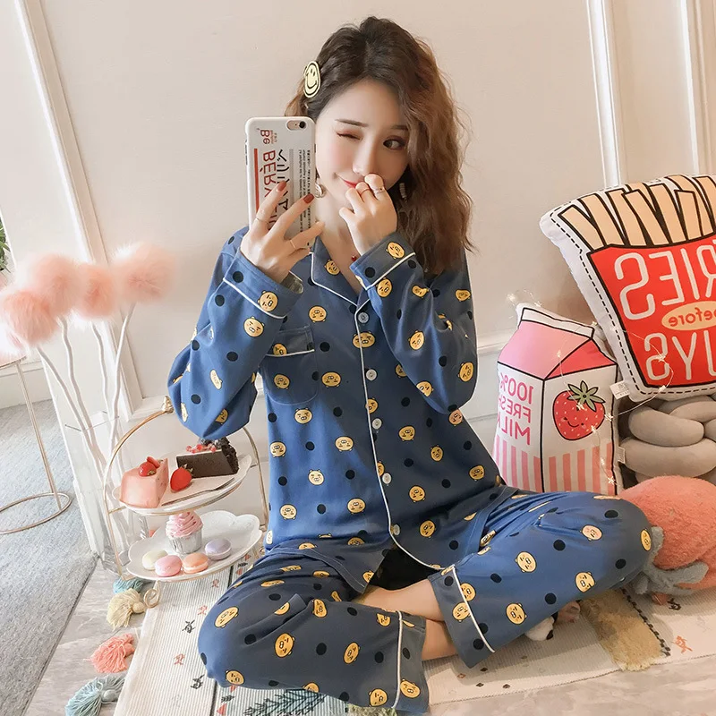 

Autumn Pajamas Women's Korean-style Cute Cardigan Long Sleeve Tracksuit Loose-Fit Set M-XXL Original Photo Shoot