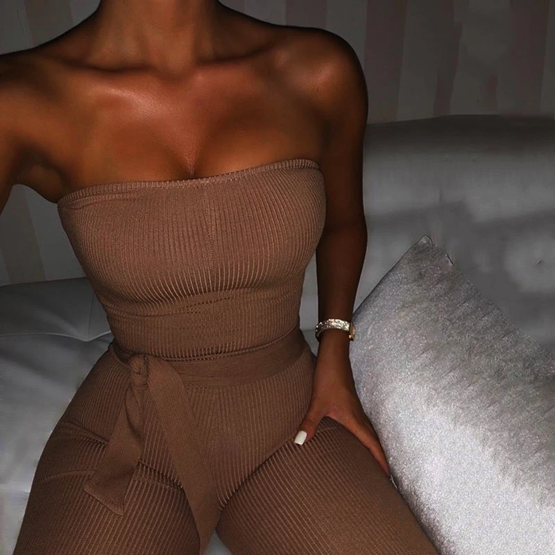 Хлопок с открытыми плечами sash bodycon Комбинезоны женские комбинезоны осень комбинезоны трикотажный джемпер комбинезоны без бретелек ребристый комбинезон