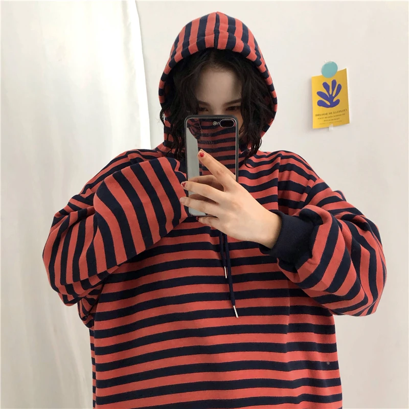 Корейский ulzzang модный свободный ретро свитер с капюшоном Женский Зимний шикарный Harajuku полосатый круглый вырез Повседневная Женская толстовка