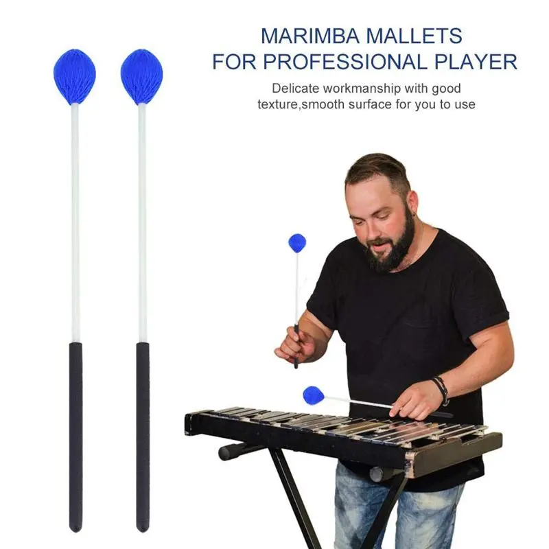 Горячая HG-1 пара Mallets Marimba, перкуссионные Mallets с синей головой пряжи и гладкой деревянной ручкой для начинающих