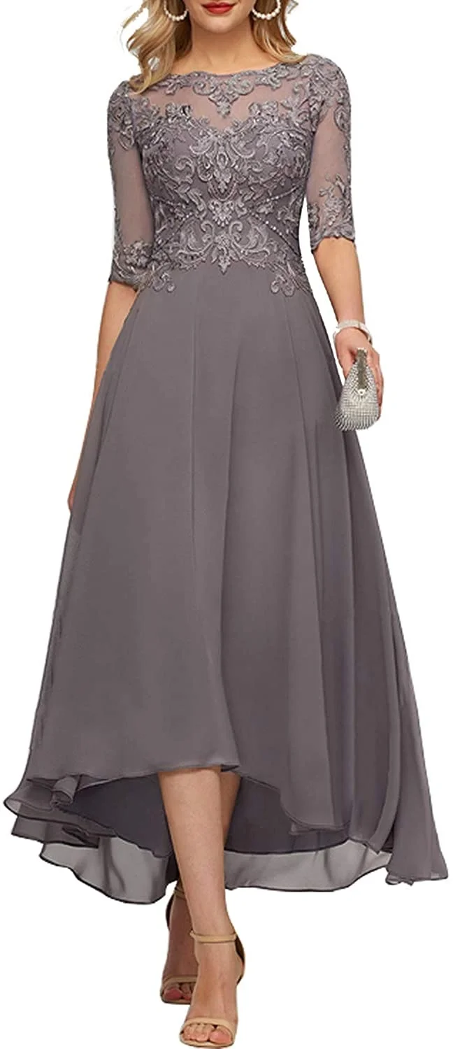 Women's Scoop Neck Asymmetrical Chiffon Evening Dresses 1/2 Sleeves Mother Of The Bride Dresses Plus Size Wedding Party Dress