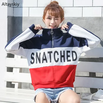 

Hoodies Women Thicker Patchwork Zipper Letter All-match Short Womens Elegant Korean Style Autumn 2020 Lovely Students Hoodie New